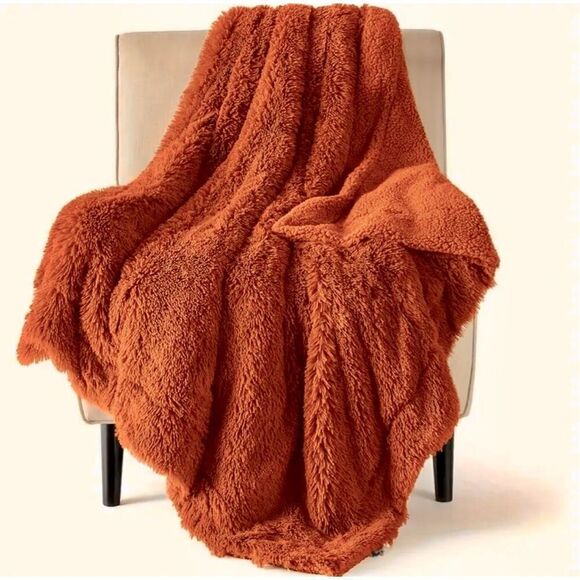 Bedsure Burnt Orange Fuzzy Shaggy Faux Fur Throw Blanket 50" x 60" Bedding - Picture 1 of 4